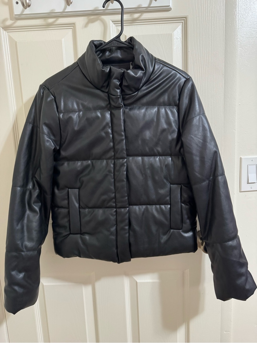 Black Faux Leather Puffer Jacket - Women